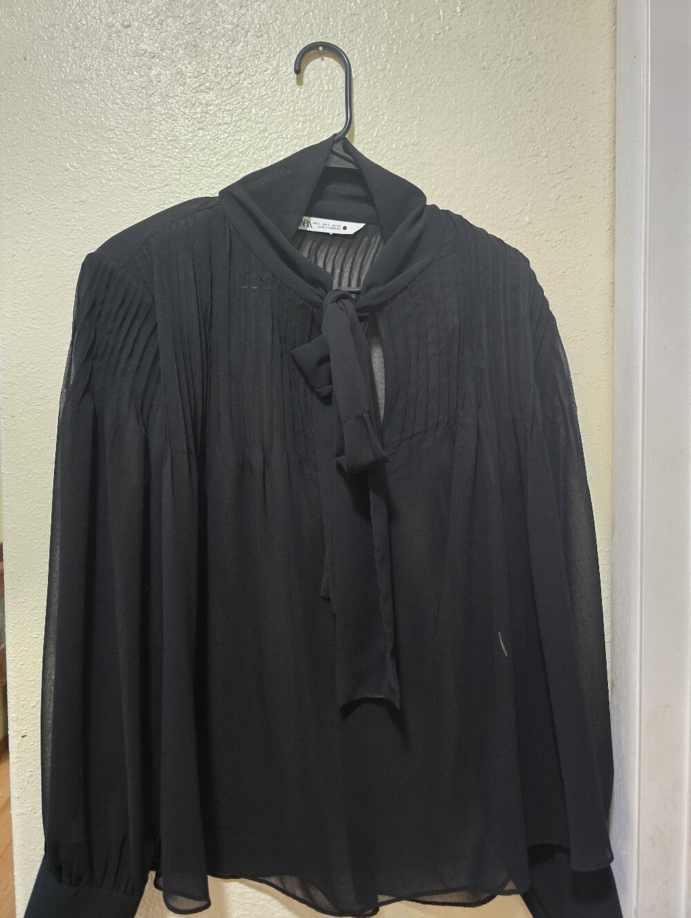 Zara Black Sheer Tie-Neck Pleated Blouse